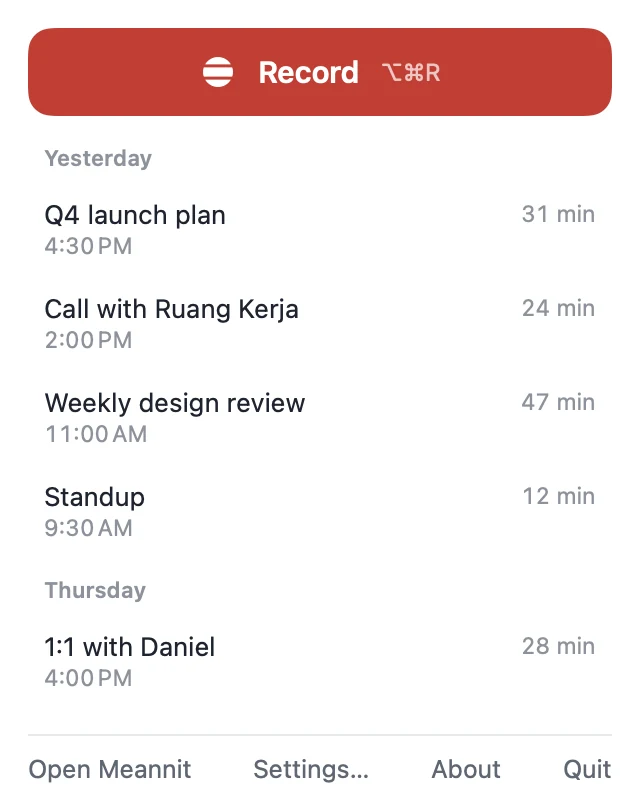 The Meannit menu bar panel, with a red Record button above a list of recent meetings.