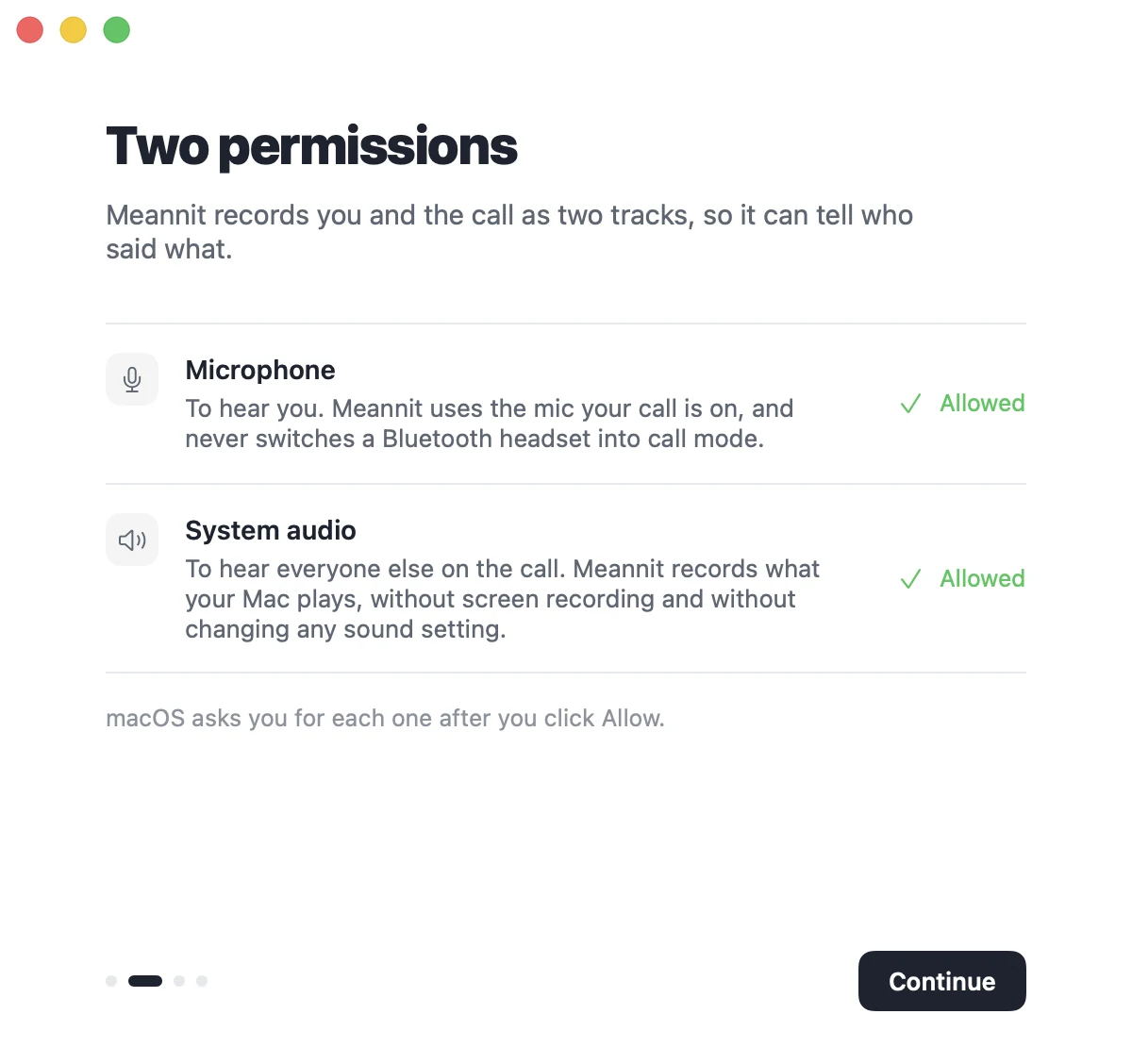 Meannit's first-run window asking for two permissions: the microphone, and system audio without screen recording.
