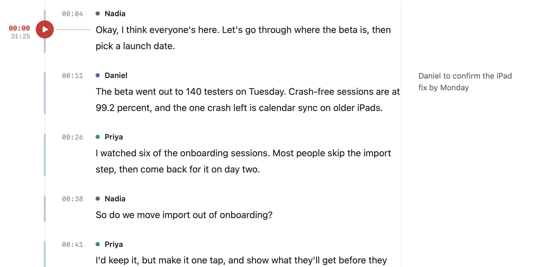 Transcript lines with timestamps, speaker names, a play button, and a note in the margin.