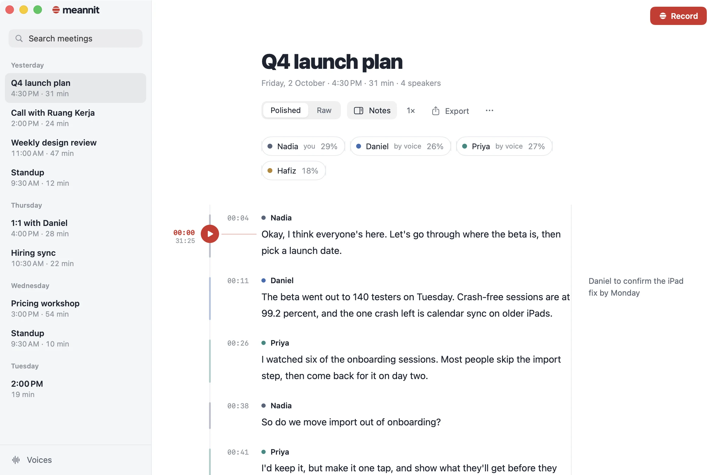 The Meannit window. A meeting called Q4 launch plan is open, with four speakers named, timestamps, a play button, and a note in the margin.